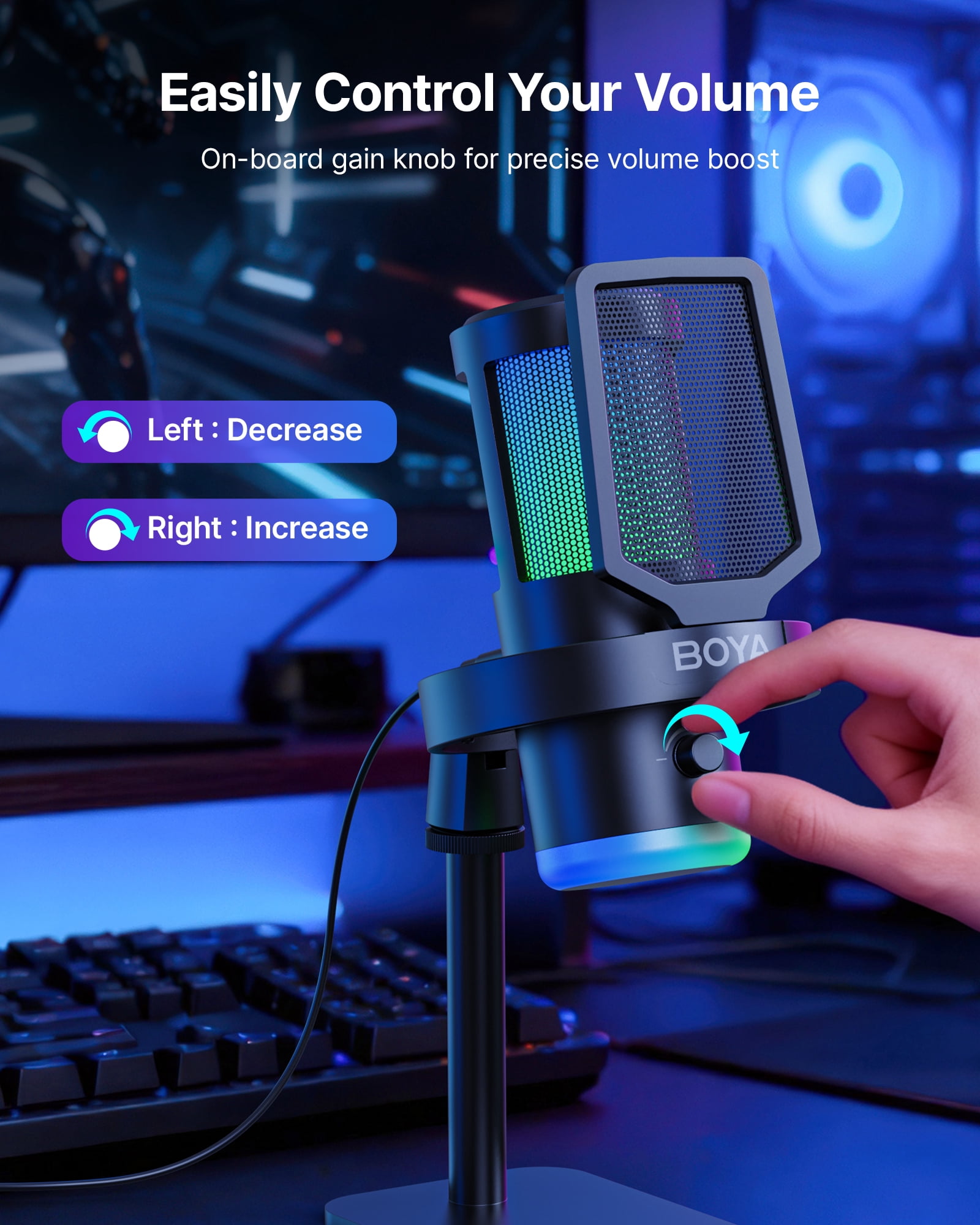 BOYA USB Gaming Microphone for Windows, MasOS, Andriod, iOS, PS4, PS5, Streaming Microphone with 9 RGB, 3.5mm Headphone, Gain Knob, Mute Button, DSP Noise Reduction, (with Desktop Stand )
