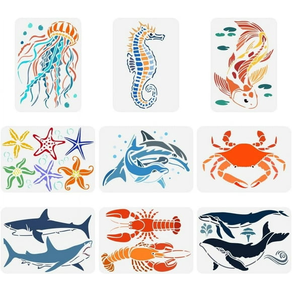 9 pcs Aquatic Creatures Painting Stencil 8.3x11.7inch Seahorse Jellyfish Koi Dolphin Crab Starfish Lobster Whales Drawing Template for Painting on Wood Wall Fabric Furniture