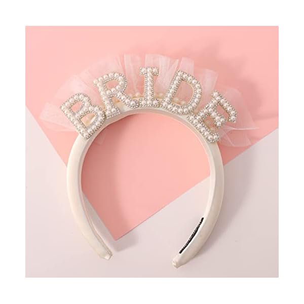 wonima44 Pearl Veil Bride Headband, White Satin Hairband with 'BRIDE' Decorated by Pearl and Rhinestone, Bridal Hairband for Bachelorette Party Decorations, Women's Hair Accessory