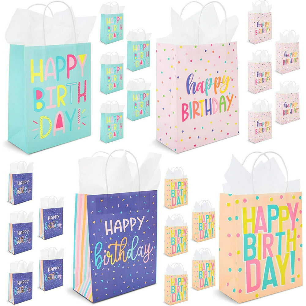24 Pack Happy Birthday Paper Gift Bags with Handles for Party Favors and Gift Wrapping in 4 ...