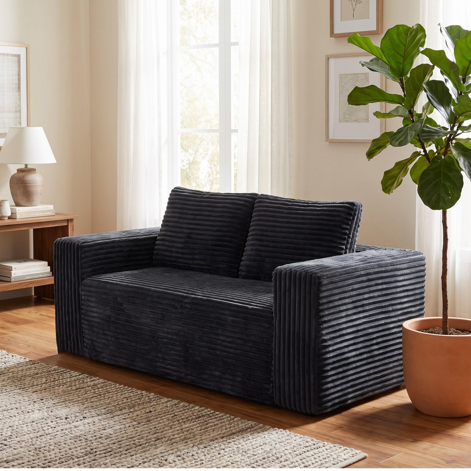 HOQBN 63 Inch Loveseat Sofa,Upholstered Compressed Couch with High-Density Foam Cushion,Corduroy No Frame 2-Seat Loveseat,Comfortable Floor Sofa for Bedroom,Office,Living Room,Small Spaces,Dark Gray
