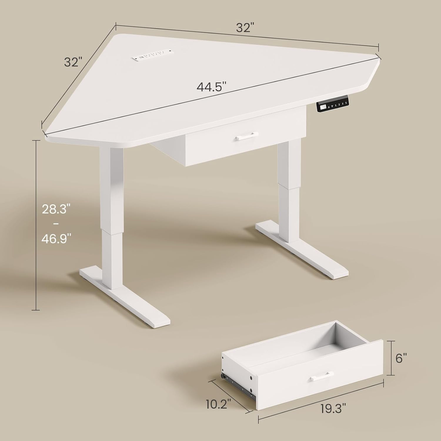 Standing Corner Desk with Drawer, Small Stand Up Desk with Power Outlets, Triangle Computer Desk for Home Office, Gaming Desk, Writing Desk, White