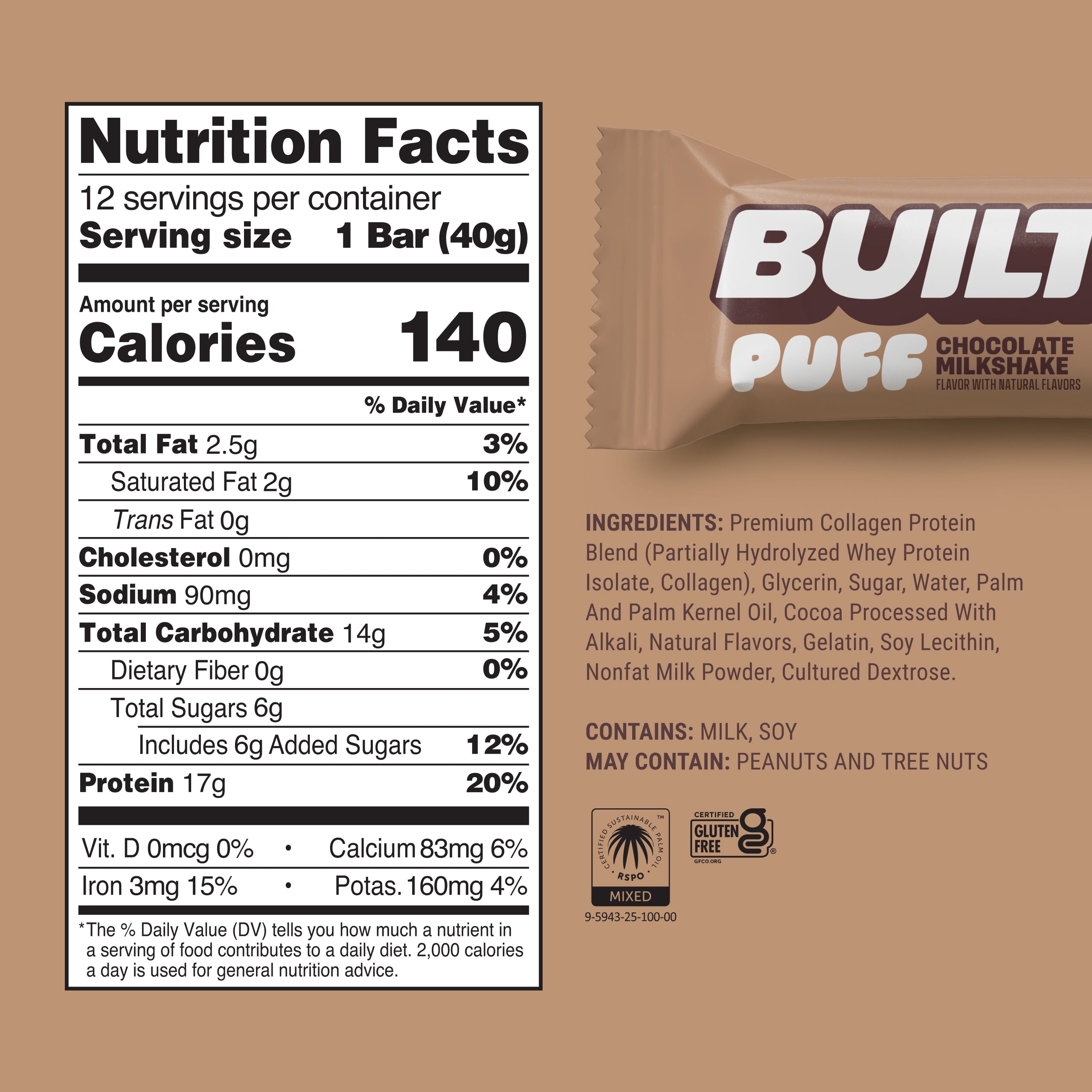 BUILT Bar Puff Protein Snack Bars, 17g Protein, Chocolate Milkshake, Gluten Free - 12 Pack