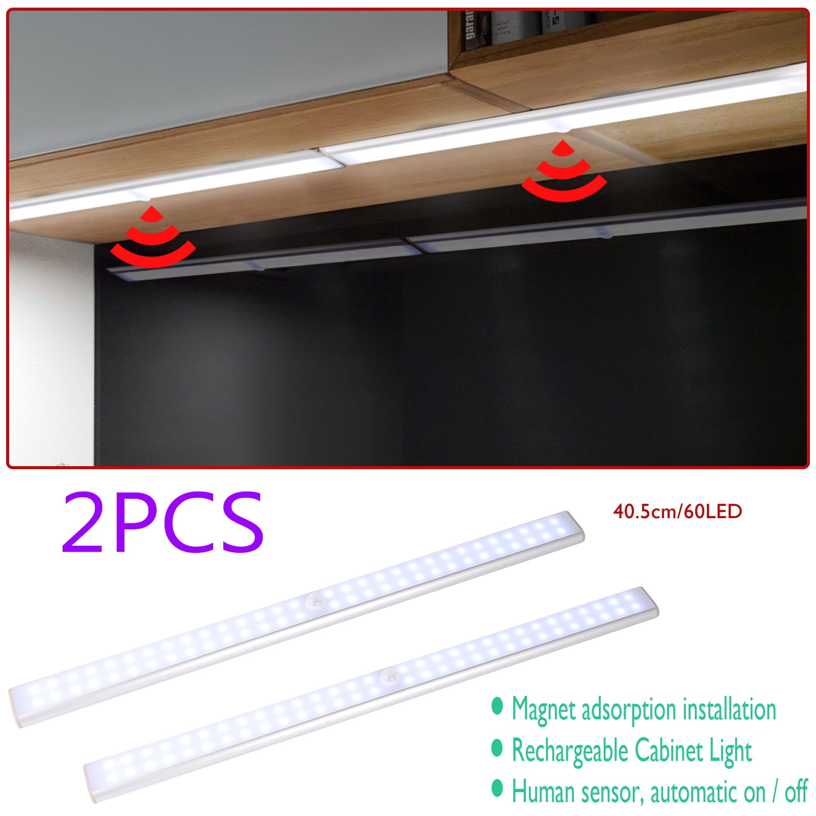 2Pack Wireless Light 60 LED Motion Sensor Lights Rechargeable Night Light Bar