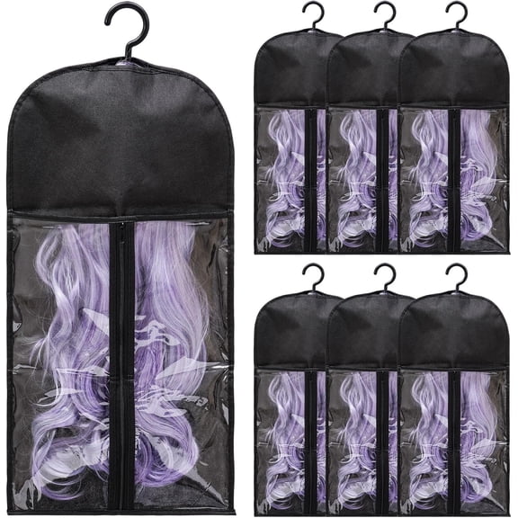 6 Pack Wig Storage Bags with Hangers, Dustproof Hair Extension Holder for Multiple Wigs, Clear Hanging Wig Organizer for Hair Extensions and Accessories