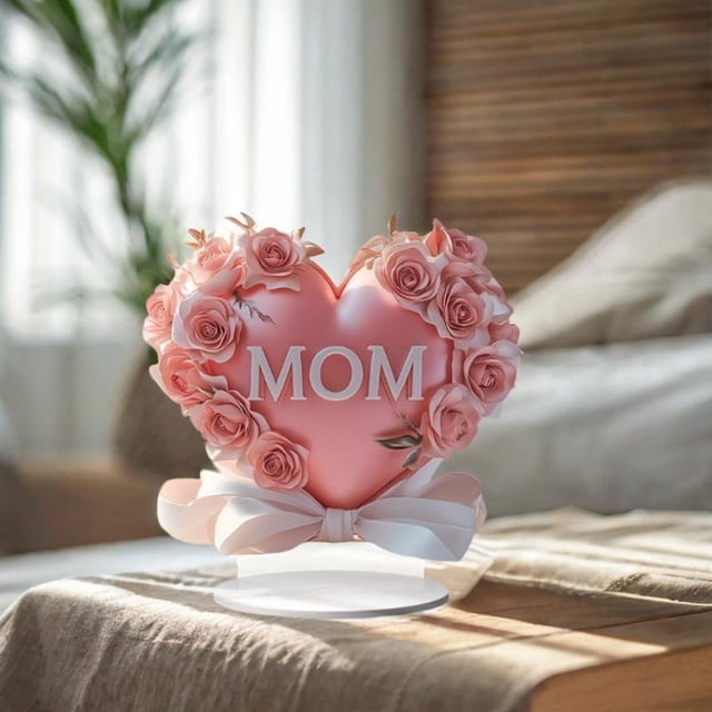 2d plano Mother Love Tabletop Sign Decoración de 20x20 cm para escritorio de noche, Café Versátil Regal de Día de la Madre con forma de corazón rosa