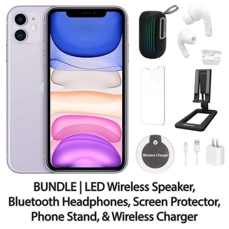 Restored Apple iPhone 11 256GB Purple Fully Unlocked with LED Wireless Speaker, Bluetooth Headphones, Screen Protector, Wireless Charger, & Phone Stand (Refurbished)