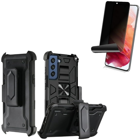 Case Belt Clip and Privacy Screen Protector for Samsung Galaxy S22 Phone - Holster Swivel Cover Kickstand & TPU Film Fingerprint Works Anti-Peep Anti-Spy Accessory Bundle