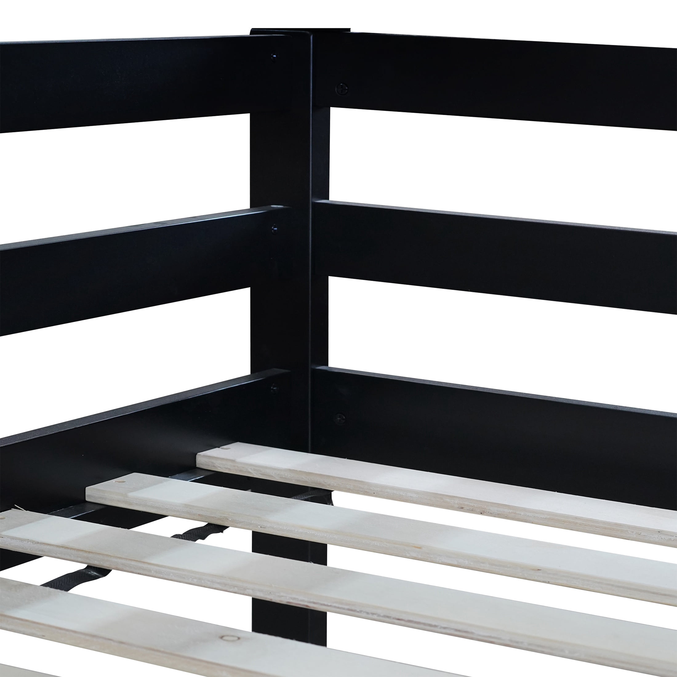 PORKISS Bunk Bed Twin Over Twin, Kids Low Floor Bunk Bed with Guard Rails for Children Boys Girls Dormitory Bedroom, Rubber Wood Bunk Bed, No Box Spring Needed, Black #