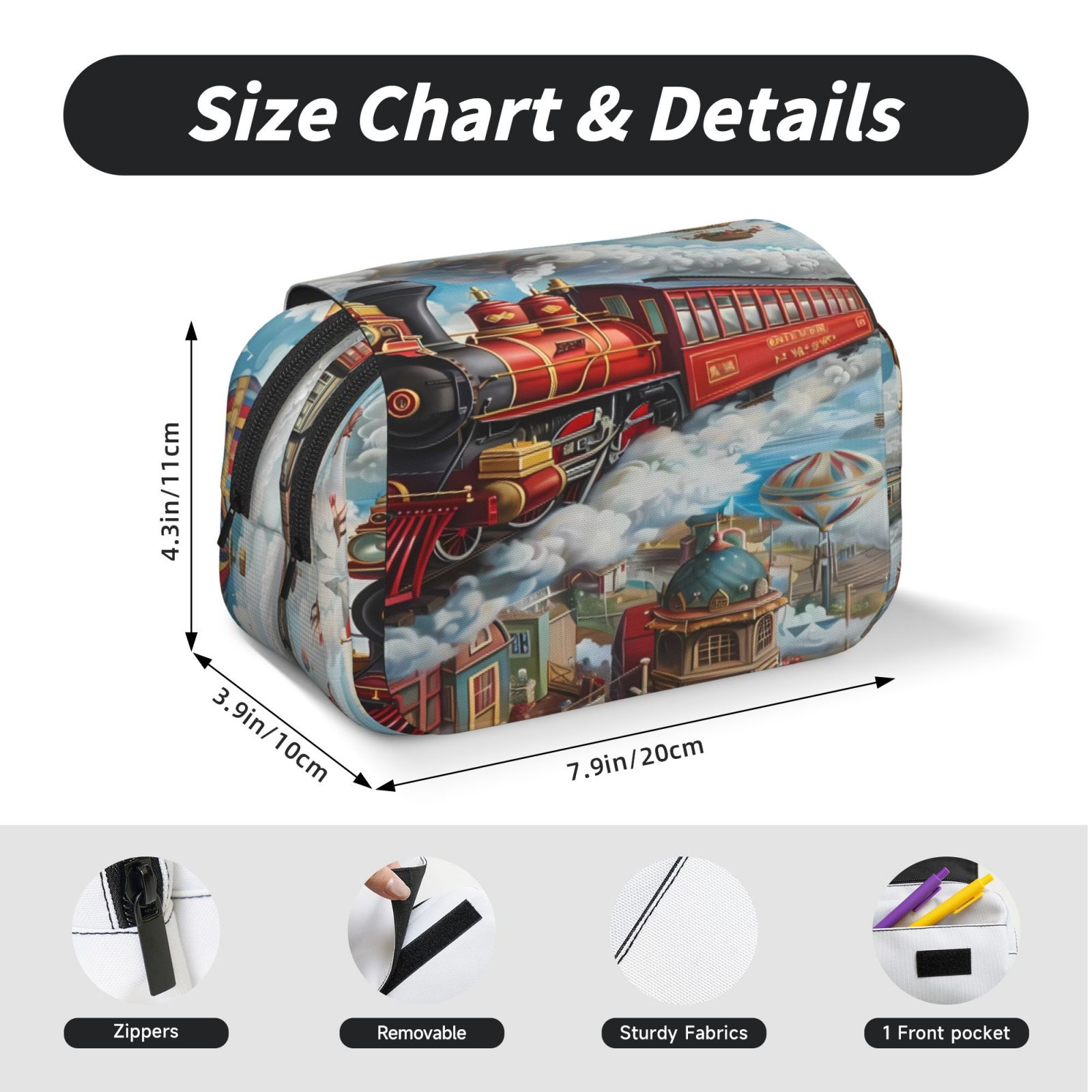 Rateoe Red Train Hot Air Balloon Pattern Double Clamshell Pen Case, Storage Organizer with Two Zipper Compartments– Holds Up to 50 Pencils & Pens