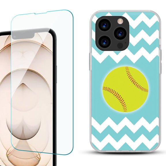 Slim-Fit Anti-Scratch Gel TPU Phone Case for iPhone 13 Pro, with Tempered Glass Screen Protector, by OneToughShield ® - Chevron/Softball