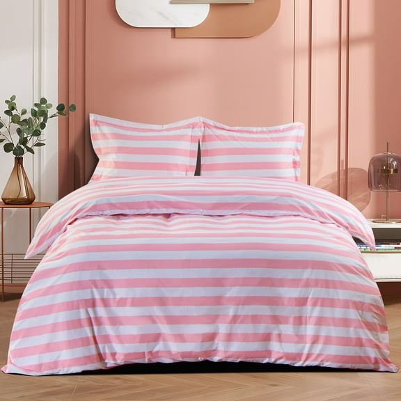 NTBAY 3 Pieces 100% Brushed Microfiber Striped Duvet Cover Set, Super Soft Pink and White Printed Reversible Design Zipper Comforter Cover with Ties and 2 Pillow Shams (Full/Queen, Stripe)