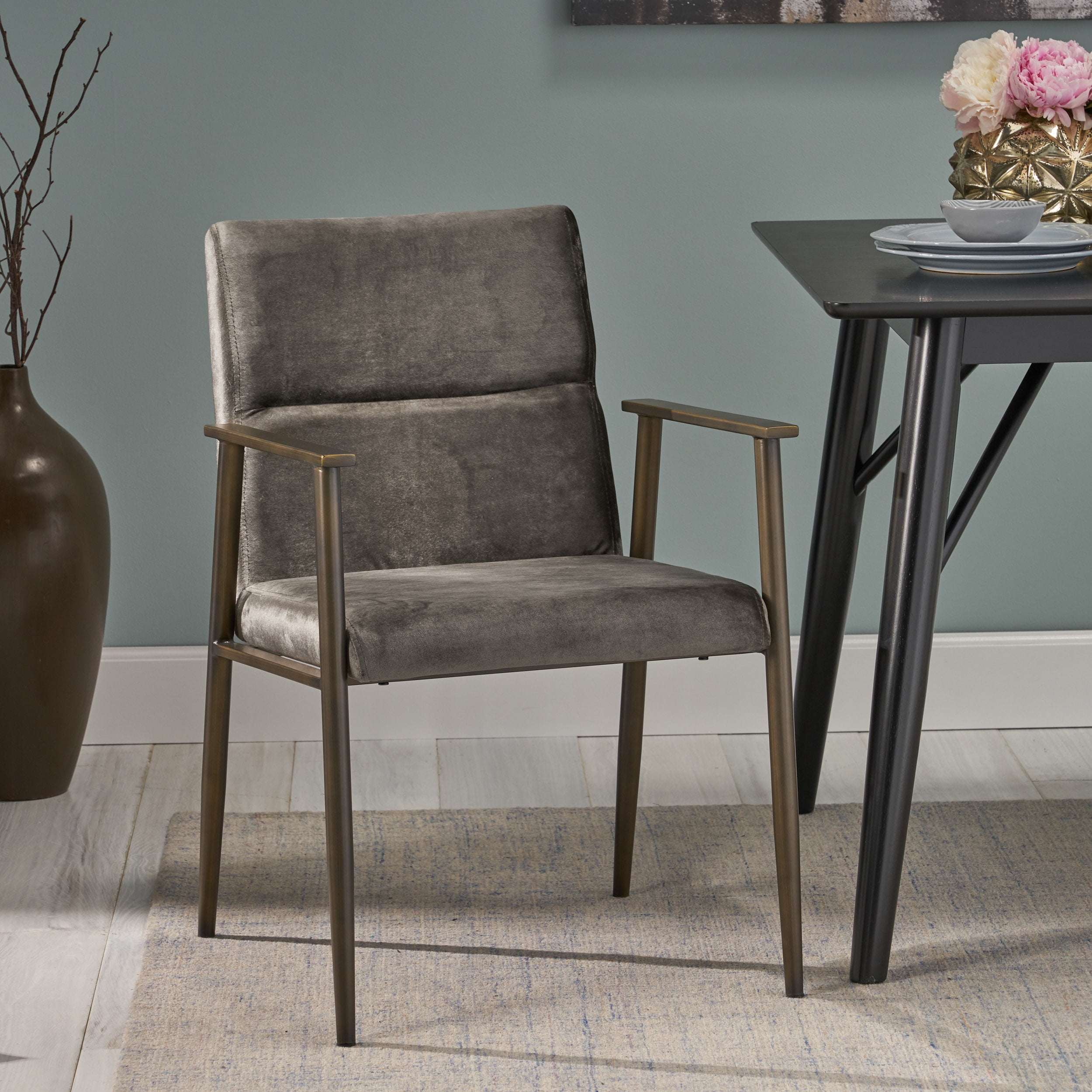 Noble House Antonella Modern Glam Velvet Dining Arm Chair, Gray