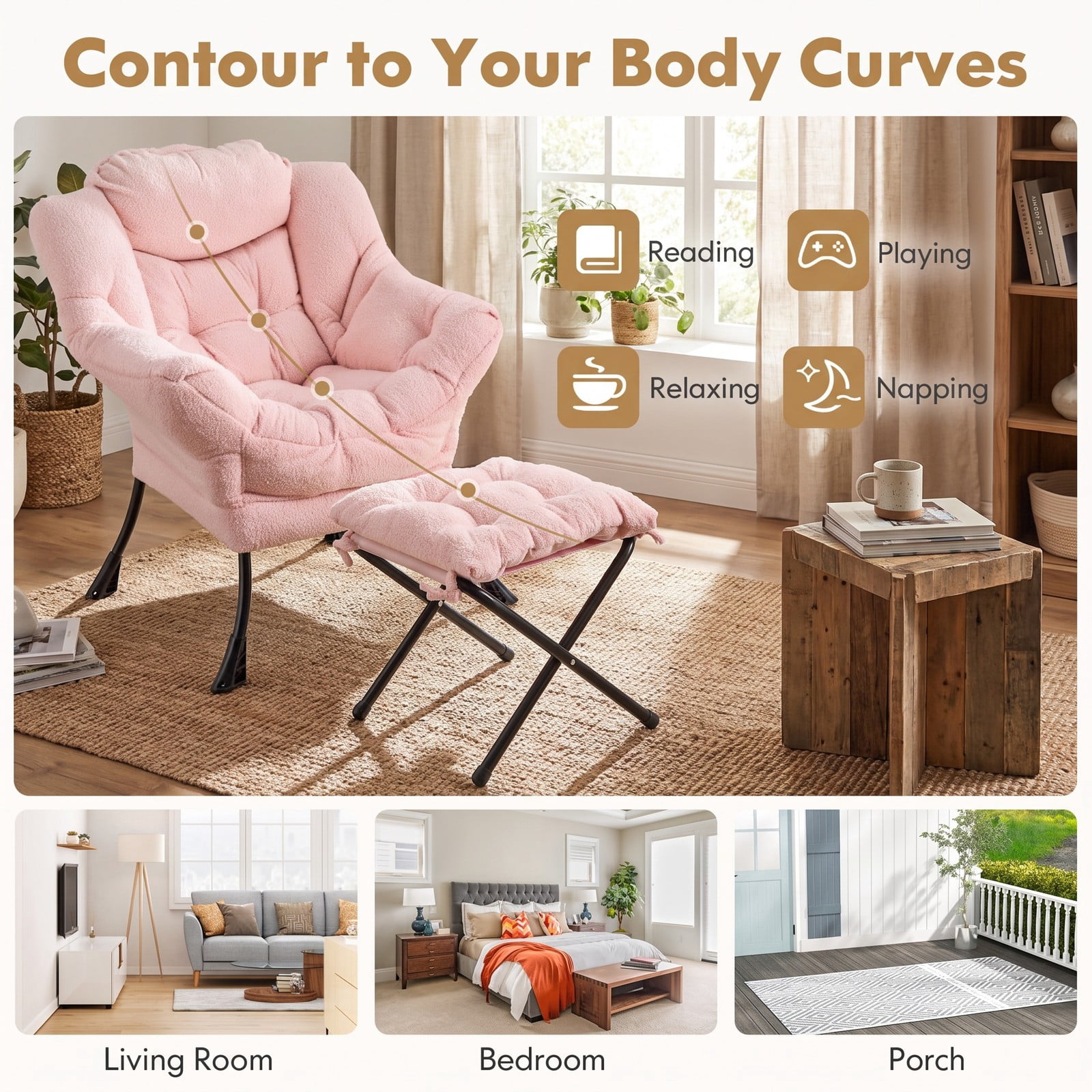 Furnibear Modern Accent Chair with Folding Footrest and Head Pillow, Sherpa Upholstered Ergonomic Living Room Lounge Armchair with Ottoman, Side Pocket and, Pink