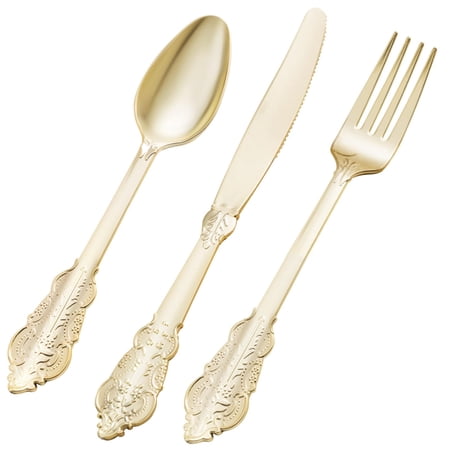 75PCS Gold Plastic Silverware for 25 Guests, Heavy Duty Gold Disposable Utensils Sets, Includes 25 Forks, 25 Spoons, 25 Knives, Elegant Cutlery Perfect for Wedding, Party