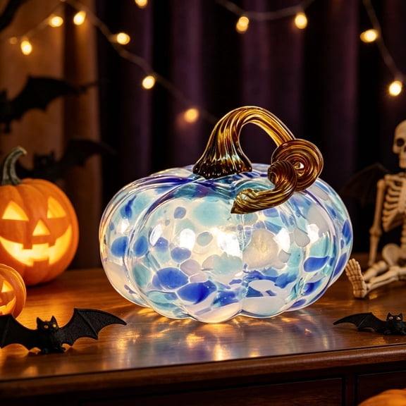 Hand Blown Glass Pumpkin Figurines, Colorful Speckled Art Glass With Twisted Stems, Halloween Fall Tabletop Decor for Home Desk Centerpiece, Mantel Shelf, Living Room, Blue