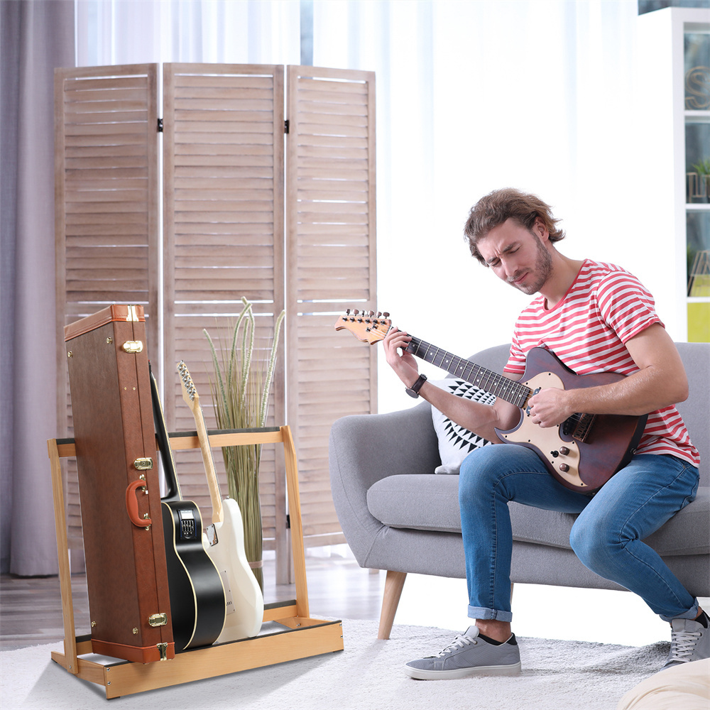 Tcbosik Guitar Rack Stand, Hardwood Folding Display Guitar Rack, Holds up to 6 Electric Guitar Hard Case, for Outing Gigs, Home, Studio, Natural