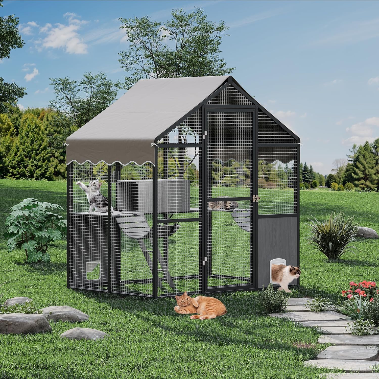 Large Outdoor Cat Enclosure,Aluminum Walk-In Wooden Outside Cattery Cat Run  with Weatherproof Roof with Channels, Side Door, UV Proof Cover, Idea for Multiple Cats