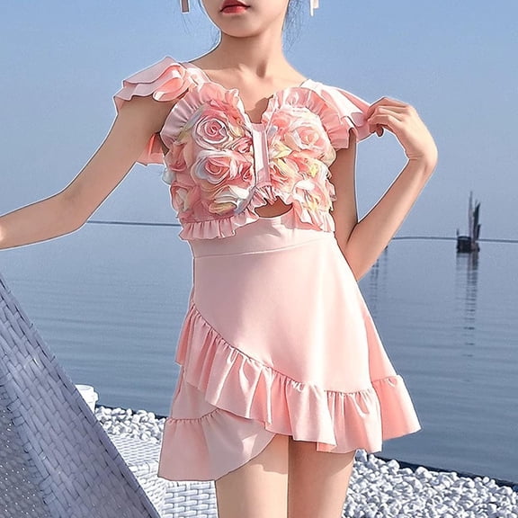 Xdegoge Girls Kids Tweens One Piece Swimsuit Dress teens Long Sleeve Swim Suits with Floral Skirt & Attached Briefs, Modest Full Coverage for Sun Protection Beach and Pool