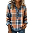 thumbnail image 2 of VJGBEGW Women's Denim Patchwork Sweatshirts Henley Button Lapel Collar Long Sleeve Shirt Color Block Loose Fit Pullover Tops Blue L, 2 of 5
