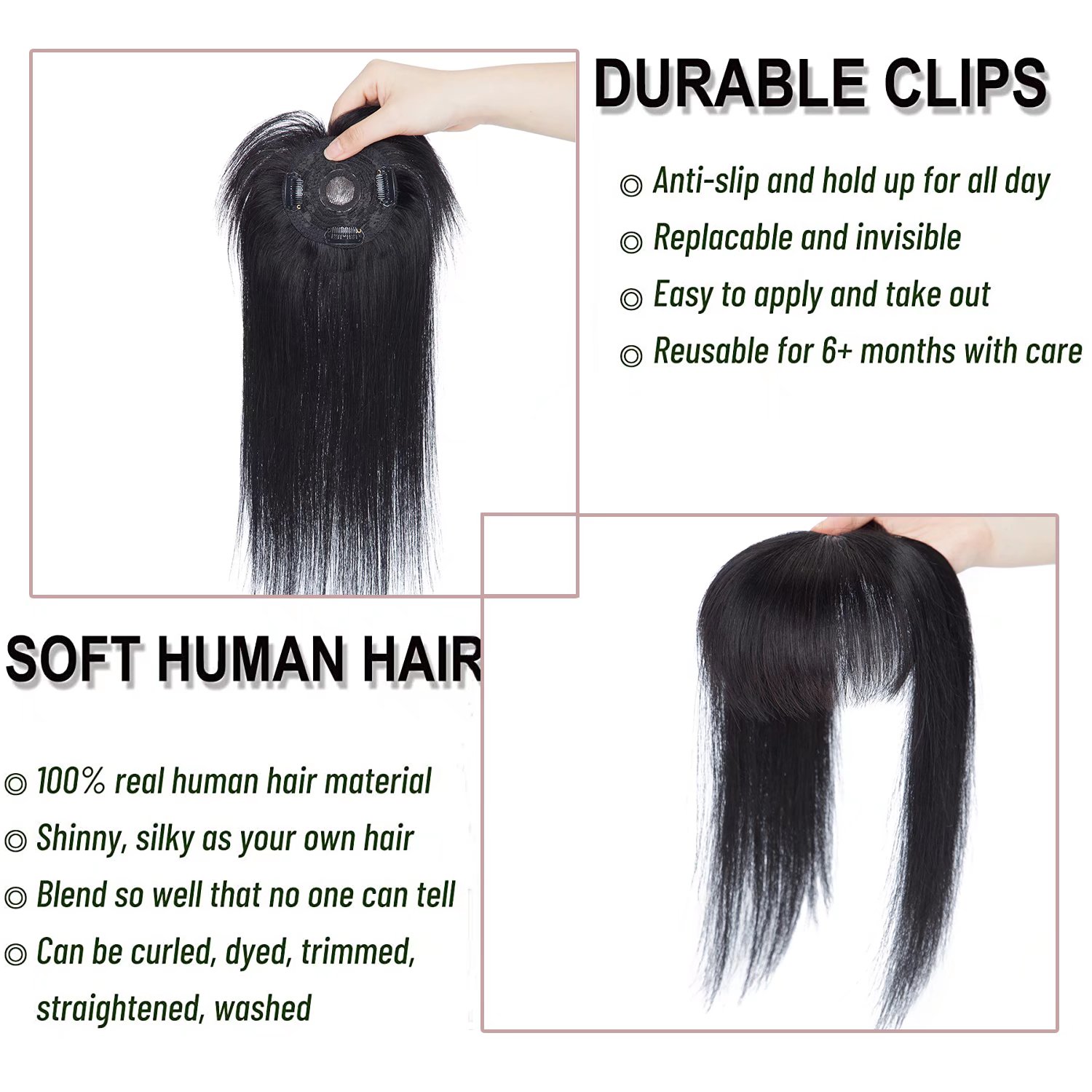 MY-LADY Hair Toppers for Women Real Human Hair with Bangs 3 Clip In Remy Topper Hairpiece for Thin Hair Natural Looking Hair Extensions 14inch #01 Jet Black