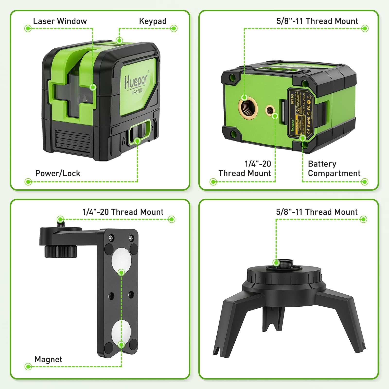 Huepar Green Beam Self-Leveling Laser Level Cross Line Laser Level Tools with 2 Plumb Dots and 360° Magnetic Pivoting Bracket