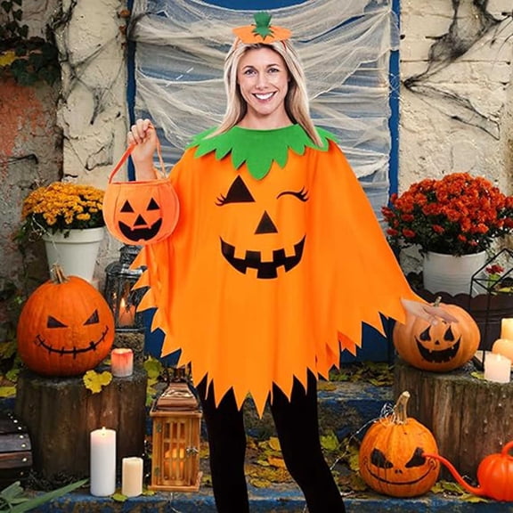 FASHOFT Adult Pumpkin Cape Halloween Costumes 3 Piece Set Cosplay Outfit Stage Party Performance Holiday Fancy Dress Up Cloak Set Halloween Costume A