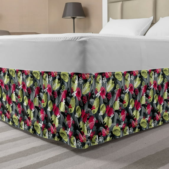 Floral Bed Skirt, Leaves Forest Foliage Fern Petals Spring Plants on Charcoal Grey Backdrop, Elastic Bedskirt Dust Ruffle Wrap Around for Bedding Decor, 4 Sizes, Pale Green Magenta, by Ambesonne