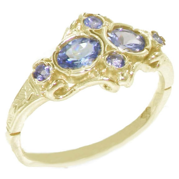 British Made 9k Yellow Gold Real Genuine Tanzanite Womens Band Ring - Size 10