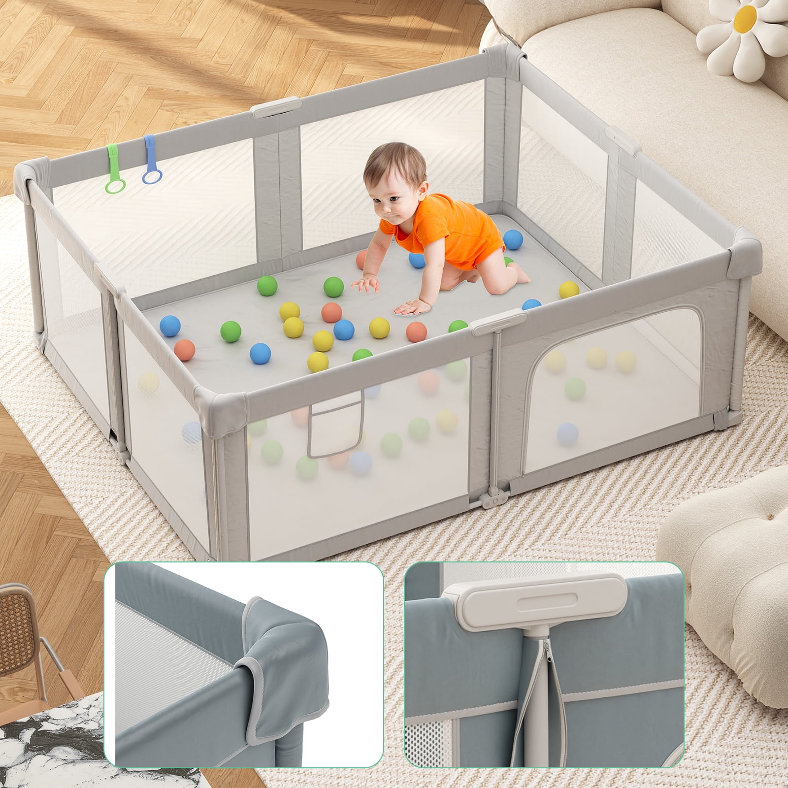 73“×61” Baby Playpen with Mat, Extra Large Baby PlayYards,Child Play Yard with Breathable Mesh for Indoor&Outdoor, Deep Gray
