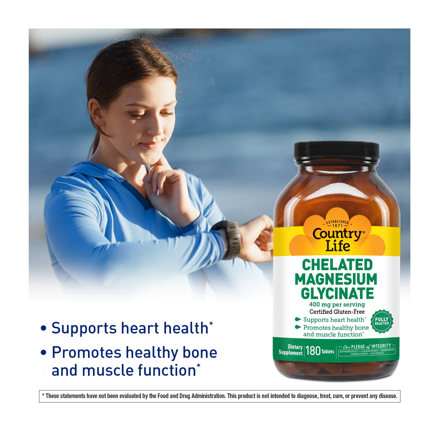 Country Life Chelated Magnesium Glycinate 400mg – High Absorption Magnesium for Calm, Muscle Relaxation, Energy & Bone Support – Certified Gluten-Free, Vegan, Kosher, Non-GMO – 180 Tablets