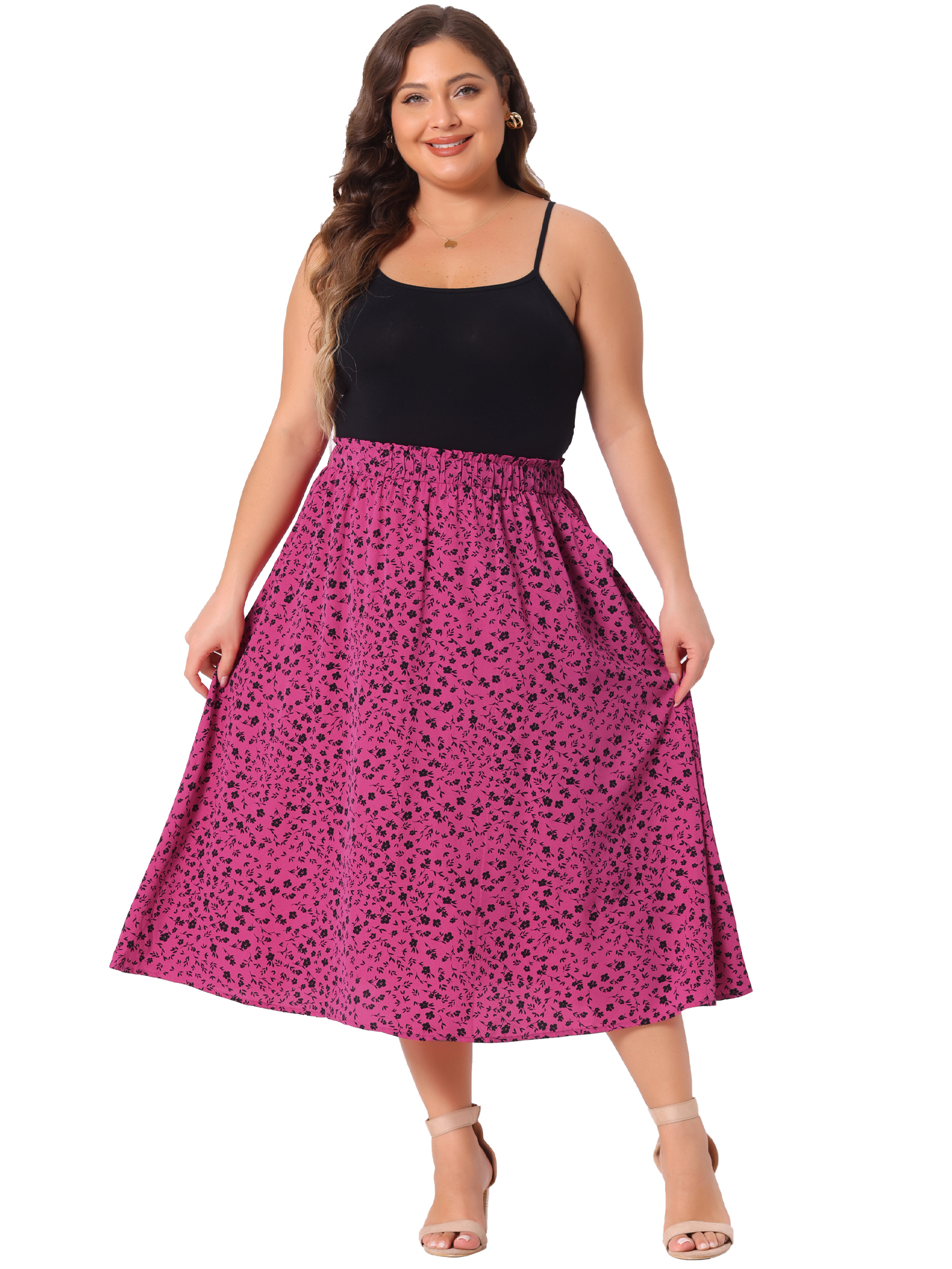 DARING DIVA Women's Plus Pleated High Waist Midi Casual Floral Skirt 3X Hot Pink