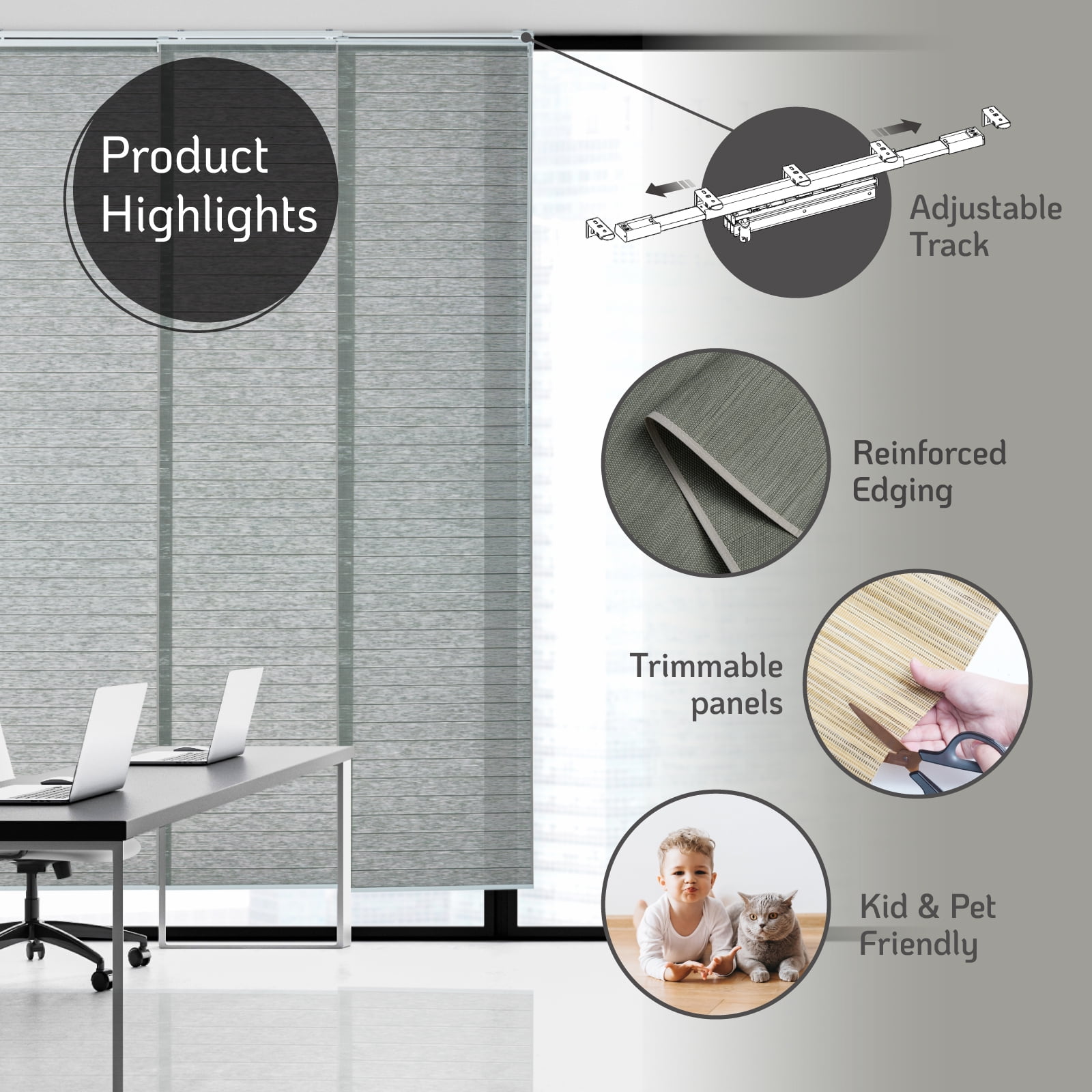 Piecenat Panel Track Blinds 23 in Cordless Paper for Sliding Door Vertical Window Blinds, Sage Gray, 85.5 in x 96 in