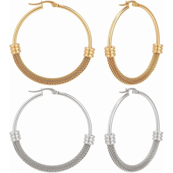 1 Box 2 Pairs Trendy Hoop Earrings 304 Stainless Steel Gold & Silver 47mm Huggie Hoop Earrings for Women