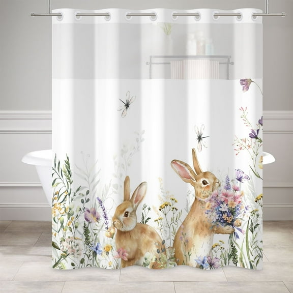 MIZHONA Spring Easter Shower Curtain with Snap in Liner,Bunny Floral No Hook Shower Curtain,71"× 74"