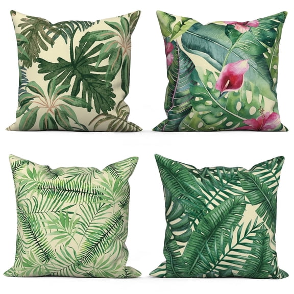 PBOBRIICH Set of 4 Green Leaves Throw Pillow Cases,Palm Linen Pillow Cover for Living Room Bedroom Home Decor,20x20 In