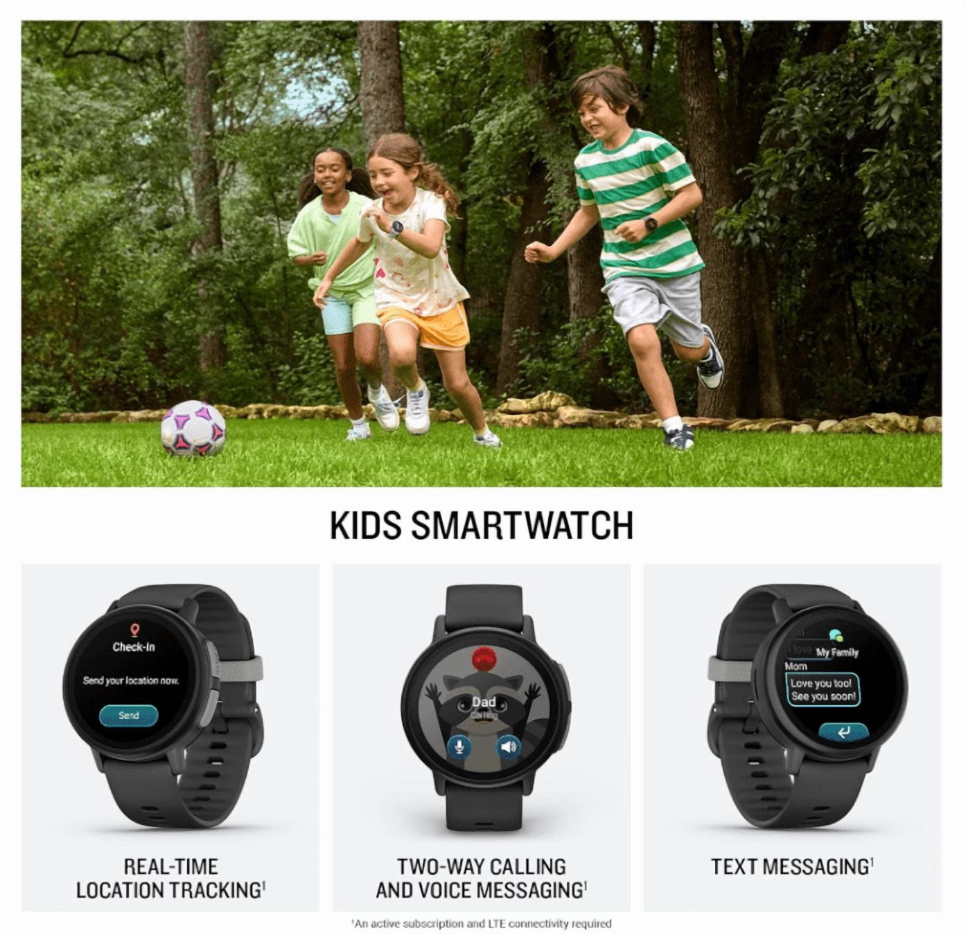 Garmin Bounce 2 Kids Smartwatch with LTE – Two-Way Calling, Text Messaging, Real-Time GPS Tracking, Swim-Friendly AMOLED Display, Music, Slate Gray w/Wearable4U White EarBuds Bundle