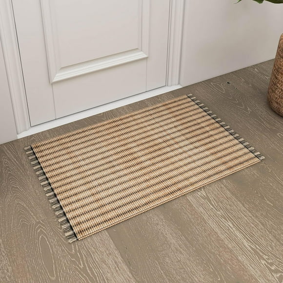 Tapis d'Entrée Tressé en Jute Naturel Eco Crave 2x3 ft – 100 % Tissé à la Main Boho Tapis de Porte d'Entrée, Écologique Durable Intérieur Extérieur Ferme Cuisine Salle de Bain Chambre Tapis à Poils Courts, Marron/rayé