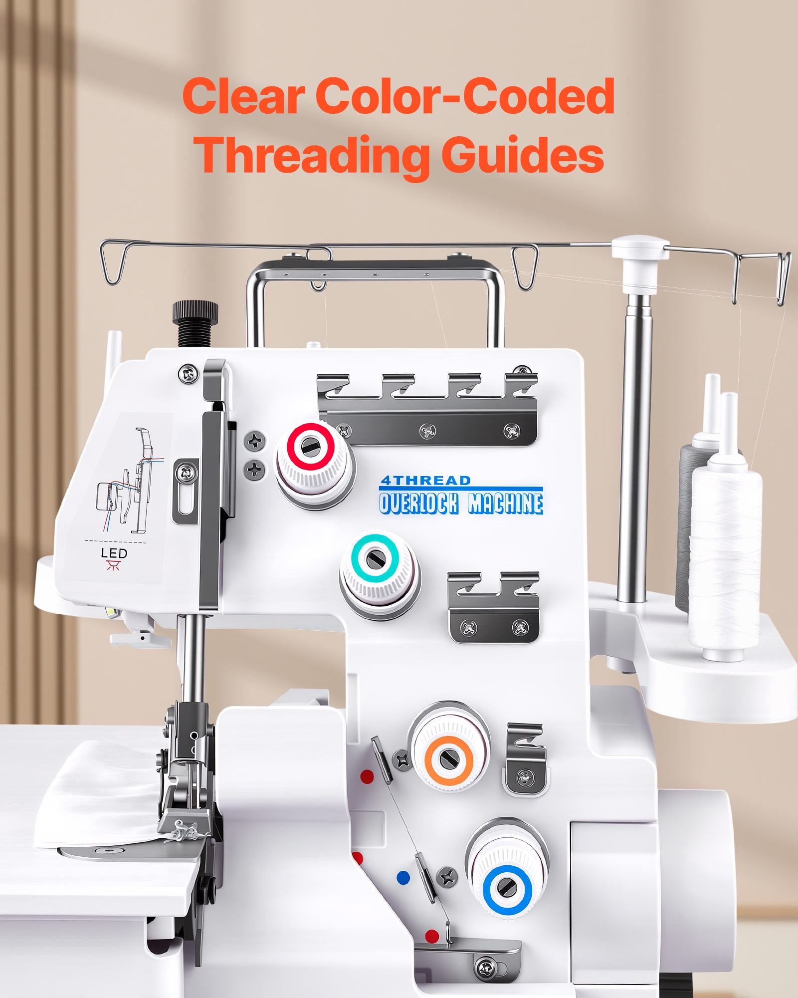 VEVOR Serger Overlock Sewing Machine, 1250 Stitches Per Minute, 3 and 4 Thread Capability, with LED Light and Strong Suction Feet, Heavy-Duty Metal Frame Sewing Machine for Various Fabrics, White