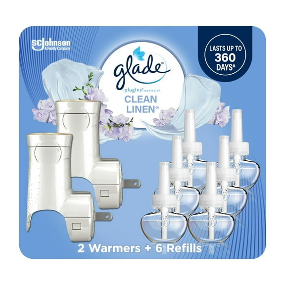 Glade PlugIns Air Freshener Starter Kit, Scented and Essential Oils for Home and Bathroom, Clean Linen, 4.02 Fl Oz, 2 Warmers and 6 Refills