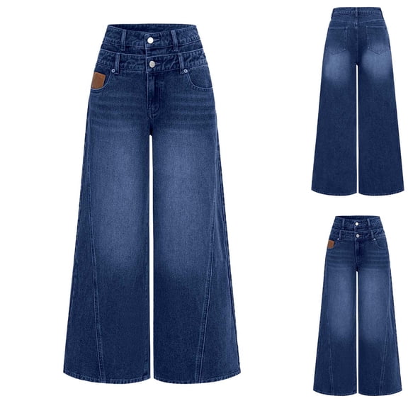 PXLKNZH Women's Wide Leg Flowy Jeans High Waisted Double Bukle Denim Pants Loose Fit Dressy Casual Pants with Pockets,Blue,M