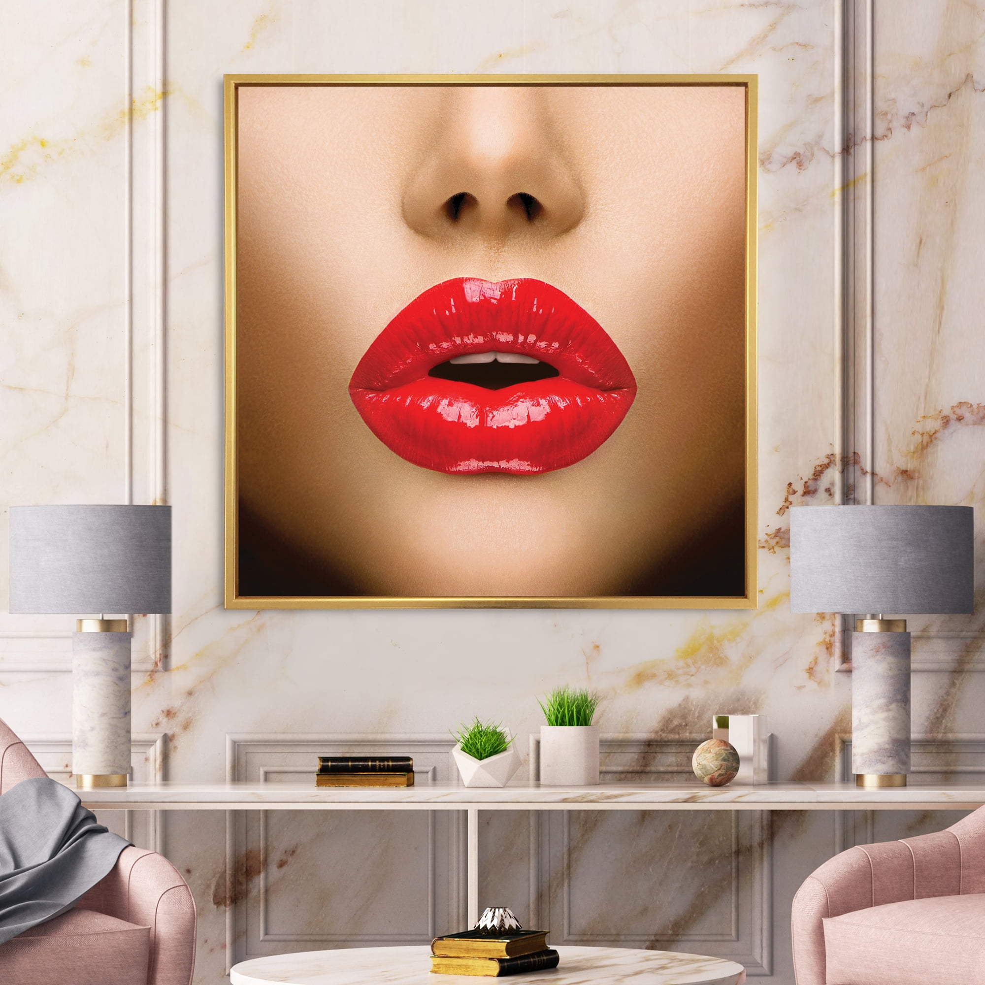 Designart 'Sexy Woman Lips Beautiful Make-Up Close-Up Kiss' Modern Framed Canvas Wall Art Print