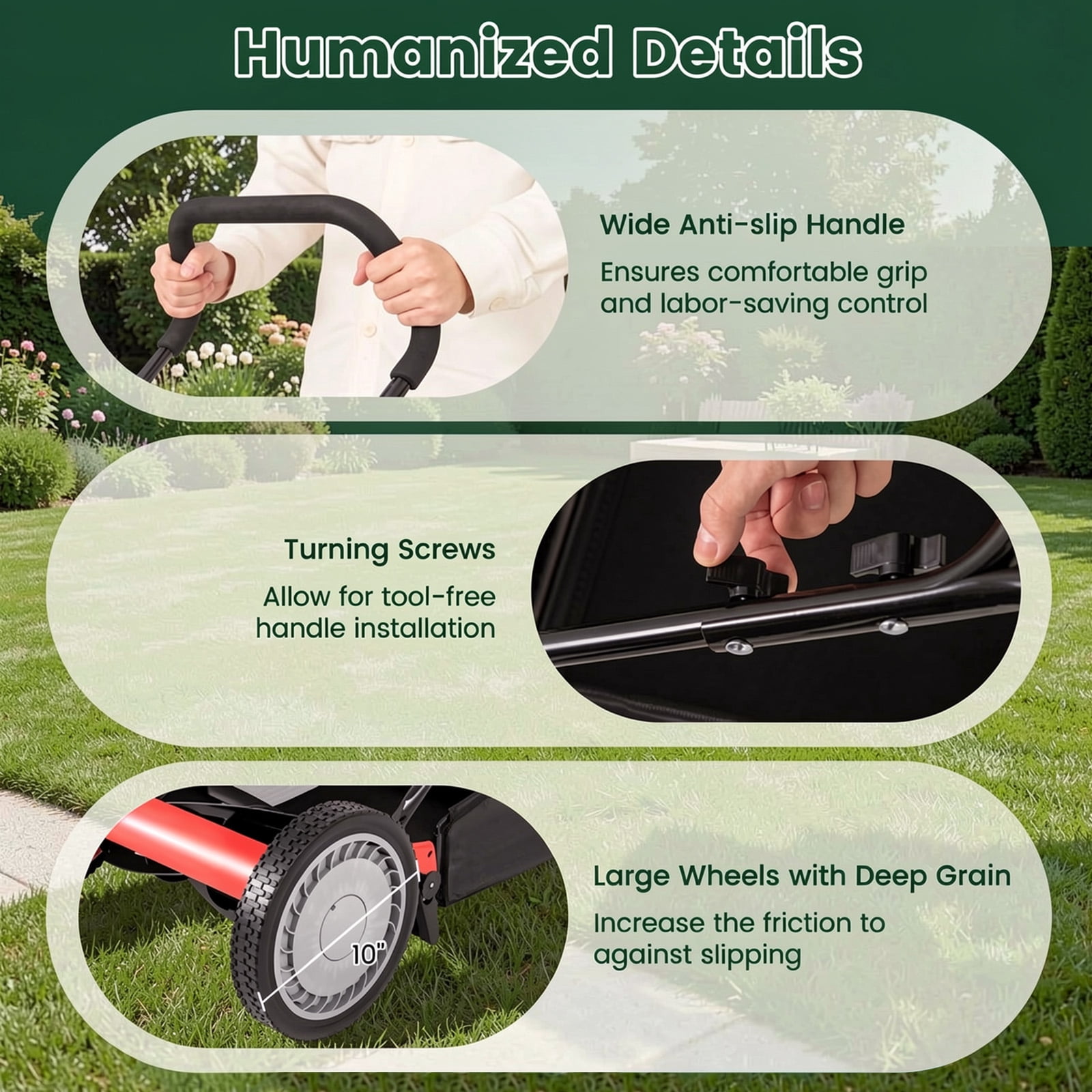 Biotree 16 Inch Push Lawn Mower with 5 Steel Blades and Grass Catcher Bag-Red Manual Reel Eco-Friendly