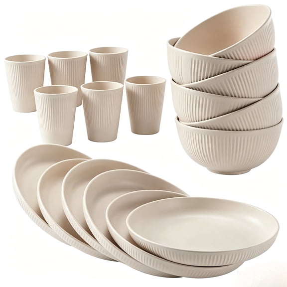 PLERISE 18-Piece Wheat Straw Dinnerware Set, Reusable Plates Bowls and Cups, Dishwasher and Microwave Safe, Lightweight for Home RV Camping
