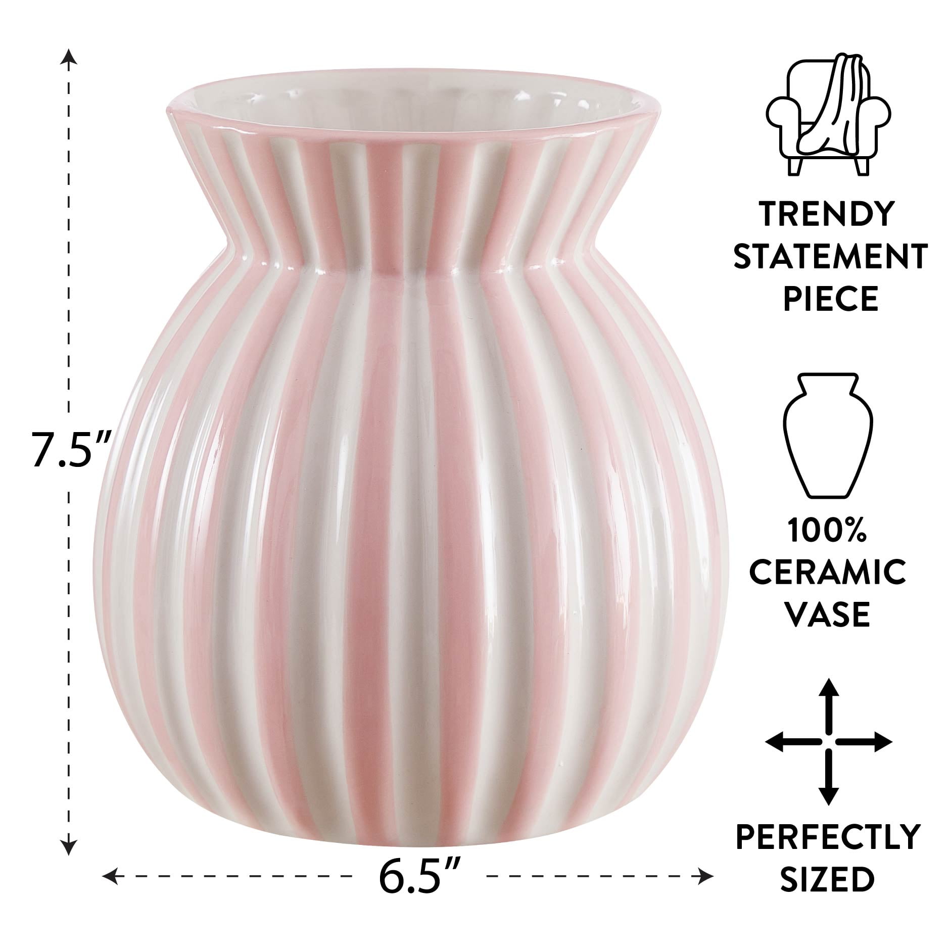 Mainstays Pink and White Striped Ceramic Vase