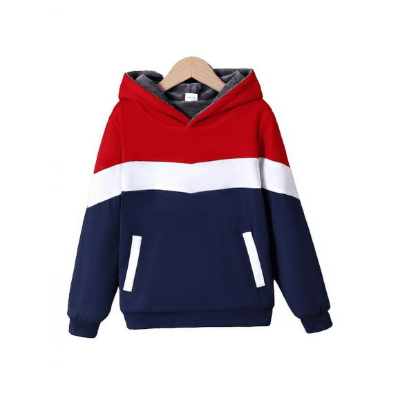 Mikrdoo Kid Boys Tops 9 Years Big Boys Casual Color Block Thick Warm Fleece 10 Years Boys Pullover Long Sleeve Hoodies Sweatshirt For Fall Winter