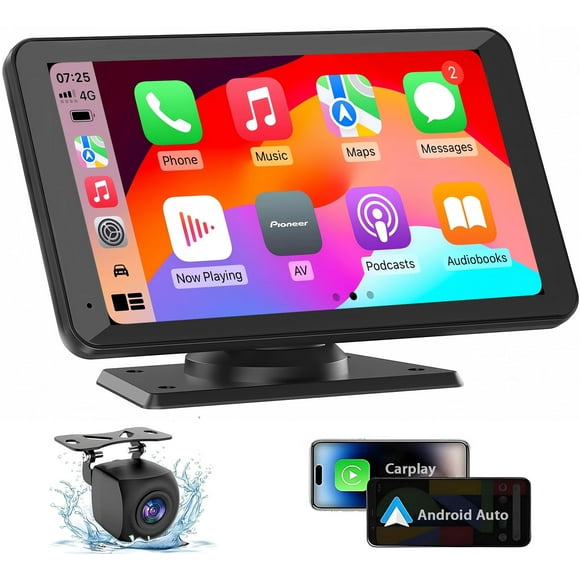 Portable Wireless CarPlay Screen for Car, 7 Inch Double Din Car Stereo for Apple CarPlay & Android Auto, Multimedia Player with Backup Camera, Mirror Link, Navigation Screen for