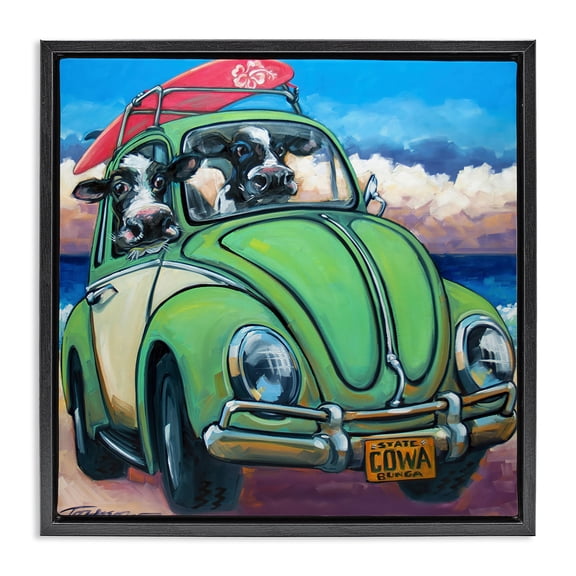 Stupell Industries Eclectic Cowabunga Surfer Cows Black Floating Frame Canvas Art, 18 x 18, by CR Townsend