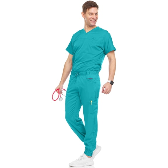 MediChic Men's Scrubs Set – Stretch V-Neck Workwear, 7-Pocket Jogger Pants, Flex Medical Uniforms, Teal XX-Large