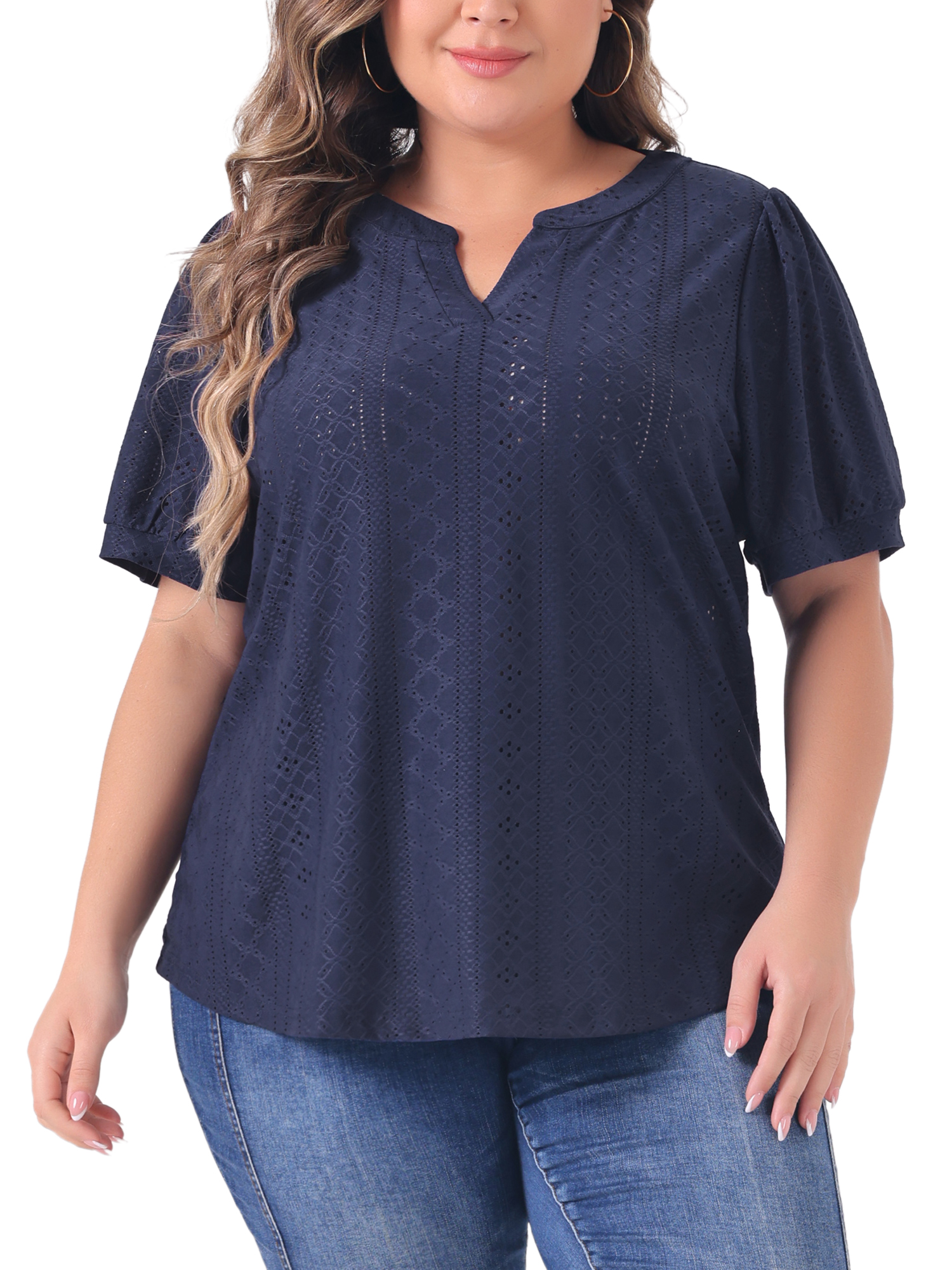 Women's Plus Tops Hollow Casual V Neck Short Sleeve Summer Blouse Shirts 3X Navy Blue